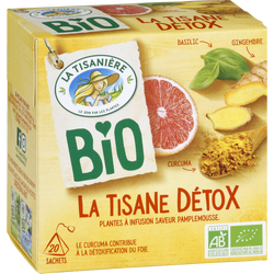 Plantes à infusion curcuma basilic gingembre saveur pamplemousse détoxbio LA TISANIERE, 20 sachets de 30g