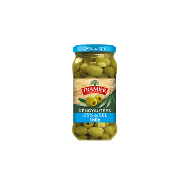Olives vertes dénoyautées 25% de sel TRAMIER, bocal de 37cl 160g