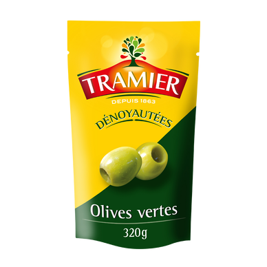 Olives vertes dénoyautées TRAMIER, sachet de 320g
