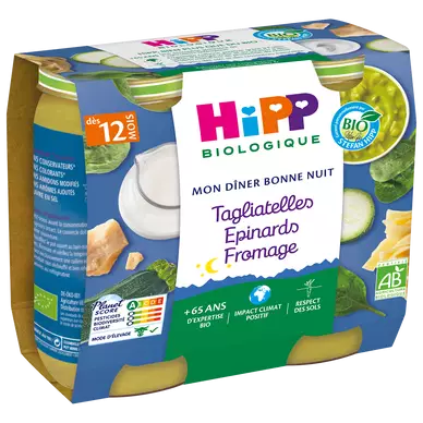 HIPP MON DINER BONNE NUIT - Tagliatelles Epinards Fromage, dès 12 mois - 2x250g