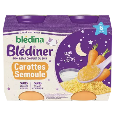 BLEDINA BLEDINER - Carottes, Semoule, dès 6 mois - 2x200g