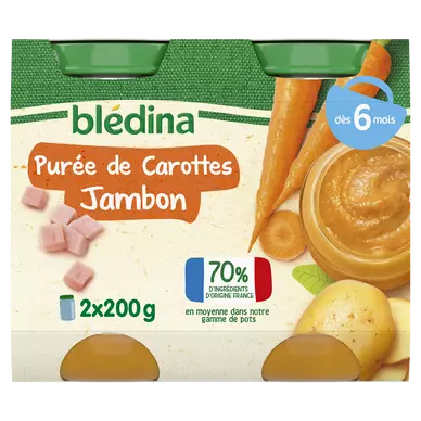 BLEDINA - Purée de Carottes Jambon, dès 6 mois - 2x200g