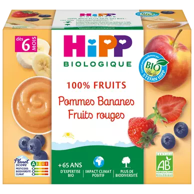 Dessert fruitier infantile bio pommes bananes fruits rouges HIPP, dès6 mois, 4x100g