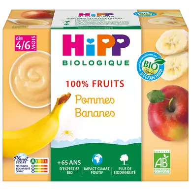Dessert fruitier infantile bio 100% Fruits pomme banane HIPP, dès 4 mois, 4x100g