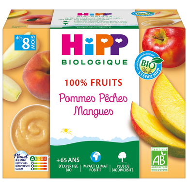 Dessert fruitier infantile bio 100% Fruits pomme pêche mangue HIPP, dès 8 mois,4x100g