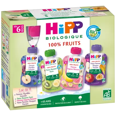 HIPP - Gourdes de fruits multi-variétés, dès 6 mois - 8x90g