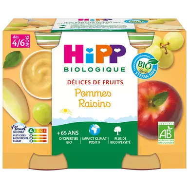 Dessert fruitier infantile bio Délices de Fruits pomme raisins HIPP, dès 4 mois, 2x190g