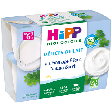 HIPP - Délices de Lait au Fromage Blanc Nature Sucré, BIO, dès 6 mois - 4x100g
