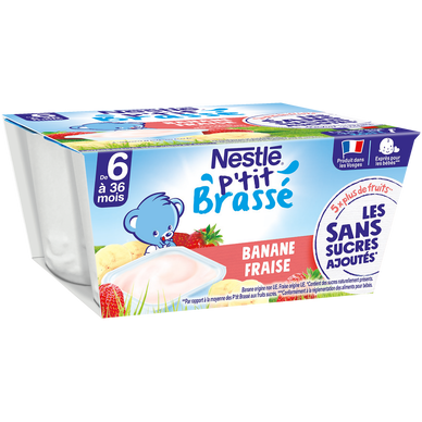NESTLE P'TIT BRASSE - Desserts lactés Lait, Bae, Fraise, dès 6 mois -4x90g