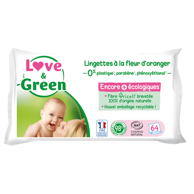 Lingettes hypoallergéniques fleurs d'oranger peaux sensibles LOVE&GREEN, x64