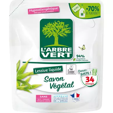Lessive liquide savon végétal hypoallergénique ARBRE VERT x34lav.1,53lrecharge 94% d'ingrédients d'origine naturelle