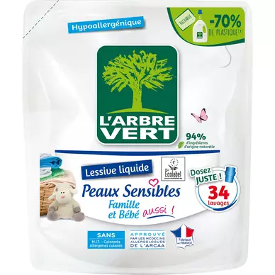 L'ARBRE VERT - Lessive liquide - Pour bébé,Hypoallergénique - 34 lavages - RECHARGE - 1.53 l