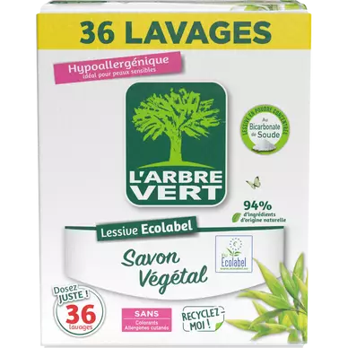 L'ARBRE VERT - Lessive en poudre - Hypoallergénique - 36 lavages - 1.8 kg