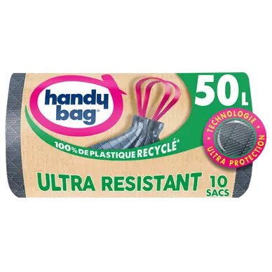 Sac poubelle poignée coulissante ultra résistant 80% plastique recycléHANDY BAG 50L x10