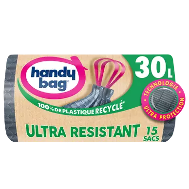 Sacs poubelle poignées coulissant ultra résistant 80% recyclés HANDYBAG 30L x15
