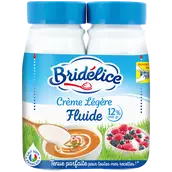 Crème fluide légère 12% de matière grasse UHT BRIDELICE, 2 bouteillesde 25cl