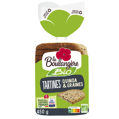 Pain Tartines quinoa et céréales bio LA BOULANGERE - 12 tranches - 450g