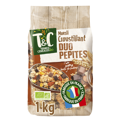 Muesli croustillant duo pépites chocolat au lait et noir bio, TERRES&CEREALES, sachet 1kg