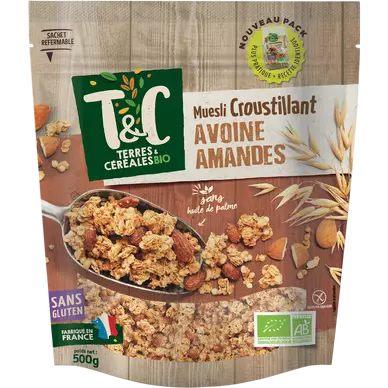 Muesli bio croustillant avoine amandes sans gluten, TERRES ET CEREALES, 500g
