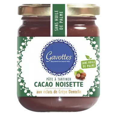 Pâte tartiner cacao noisette aux éclats de crêpes dentelle GAVOTTES, pot de 350g