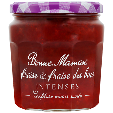 Confiture extra fraise et fraise des bois intense moins sucrée, BONNEMAMAN, bocal 335g