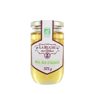 Miel d'acacia biologique LA RUCHE AUX DELICES, pot en verre de 375g