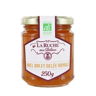 Miel et gelée royale bio LA RUCHE AUX DELICES, pot en verre de 250g