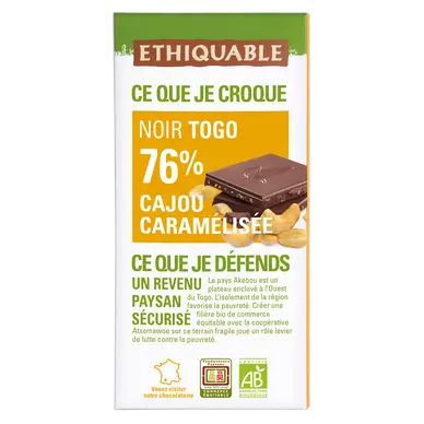 ETHIQUABLE - Chocolat noir 76% Cajou caramélisée BIO - la tablette de100g
