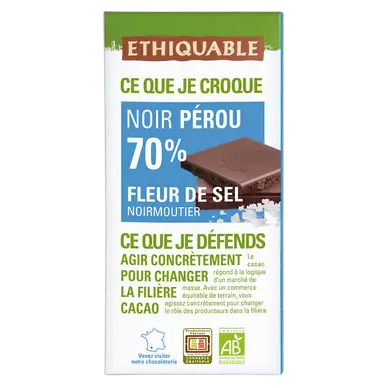 ETHIQUABLE - Chocolat noir 70% Pérou, fleur de sel, BIO - La tablette 100g