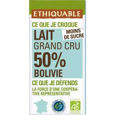 ETHIQUABLE - Chocolat au lait 50% Bolivie BIO - la tablette de 100g