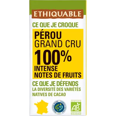 ETHIQUABLE - Chocolat noir 100% Pérou BIO - la tablette de 100g