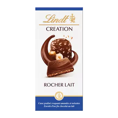 Chocolat au lait et pralinés rocher lait Création l'authentique LINDT,Tablette de 150g
