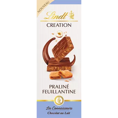 Chocolat au lait extra-fin fourré praliné noisettes et éclats de crêpedentelle CREATION LINDT, Tablette de 110g