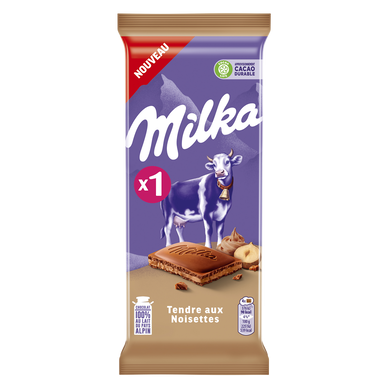 Chocolat au lait tendre noisettes MILKA, tablette 85g