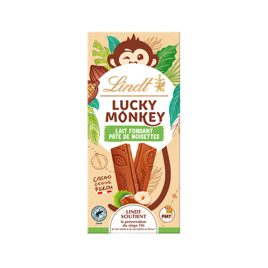 Lucky monkey lait fondant pâte de noisette LINDT, tablette 100g