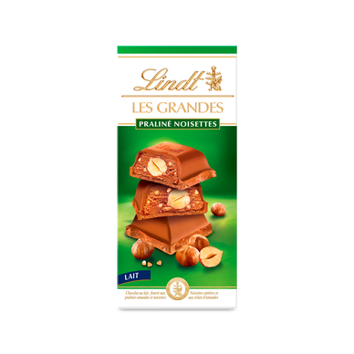 Chocolat au lait les grandes pralines noisettes LINDT, Tablette de 225g
