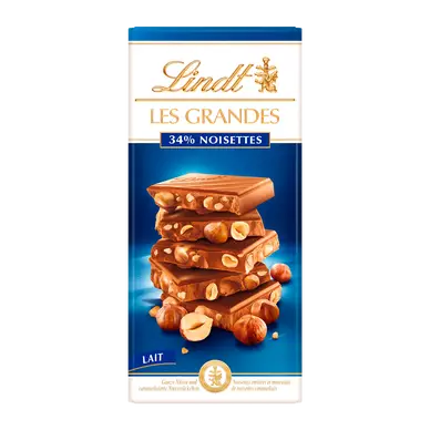 Chocolat au lait 34% noisettes LINDT, Tablette de 150g