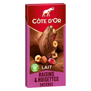 Chocolat au lait noisettes entières raisins COTE D'OR - Tablette de 180g