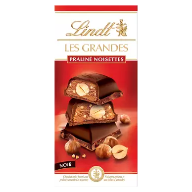 Chocolat noir fourré aux praliné amandes, noisettes entières, et aux éclats d'amandes LINDT, 225g