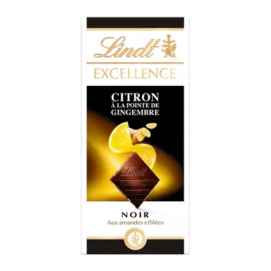 Chocolat noir amandes/citron/gingembre LINDT, Tablette de 100g