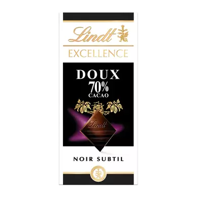Chocolat noir doux 70% Excellence LINDT, Tablette de 100g