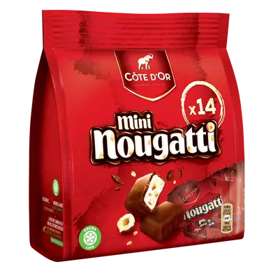 Chocolat au lait fourré au nougat COTE D'OR, sachet x 14 mini barres,180g
