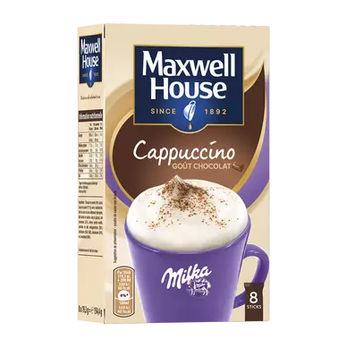 Café soluble MAXWELL HOUSE Cappuccino Milka Sticks - x8