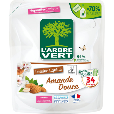 Lessive liquide amande douce hypoallergénique ARBRE VERT - 34 lavages- 1,53L - Recharge 94% d'ingrédients d'origine naturelle