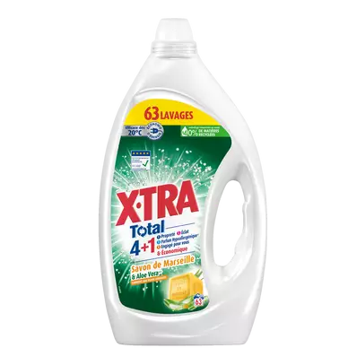 X-TRA - Lessive liquide - Hypoallergénique - 4 en 1 - 63 lavages - 2.835 l