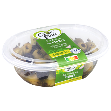 Olives vertes et noires aux herbes, CROC'FRAIS, sans conservateur, barquette 200g