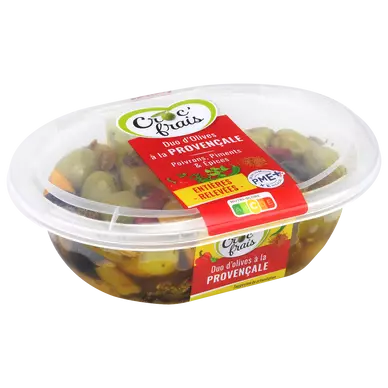 Olives vertes et noires à la provençale, CROC'FRAIS, sans conservateur, barquette 250g