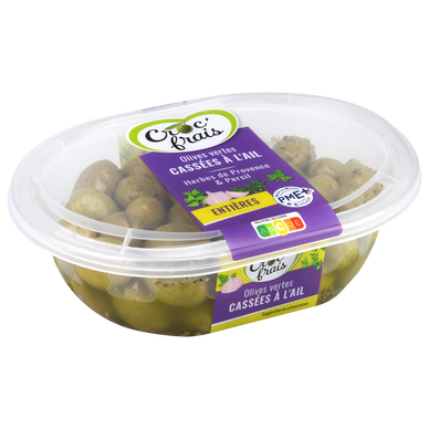Olives vertes cassées à l'ail, CROC'FRAIS, sans conservateur, barquette 250g
