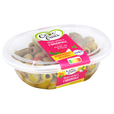 Olives vertes dénoyautées au piment, persil et ail, CROC'FRAIS, sans conservateur, barquette 200g