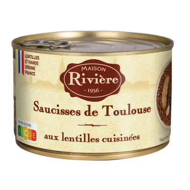 Saucisses de Toulouse aux lentilles cuisi.MAISON RIVIERE bte 1/2 420g